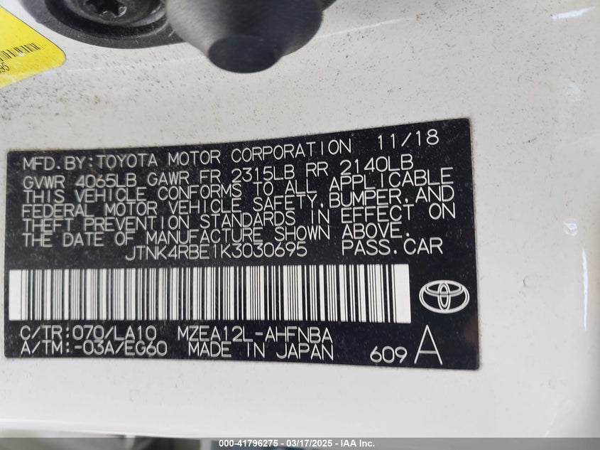2019 TOYOTA COROLLA VIN: JTNK4RBE1K3030695