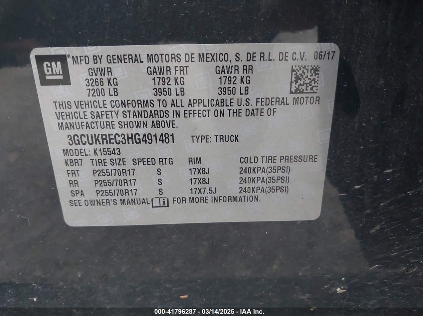 2017 CHEVROLET SILVERADO 1500 VIN: 3GCUKREC3HG491481