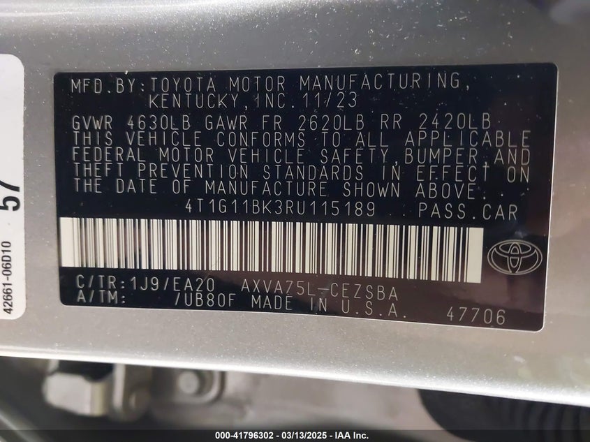 2024 TOYOTA CAMRY VIN: 4T1G11BK3RU115189