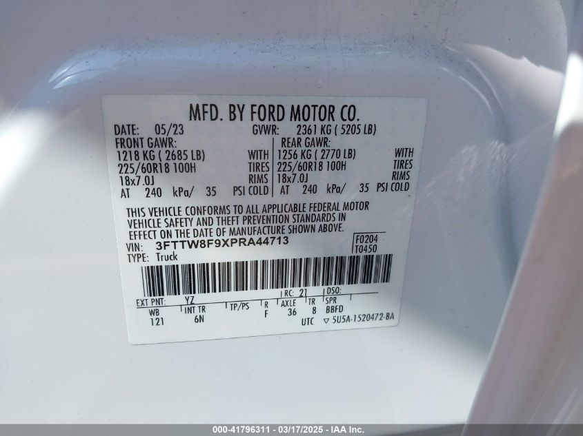 2023 Ford Maverick Lariat VIN: 3FTTW8F9XPRA44713 Lot: 41796311