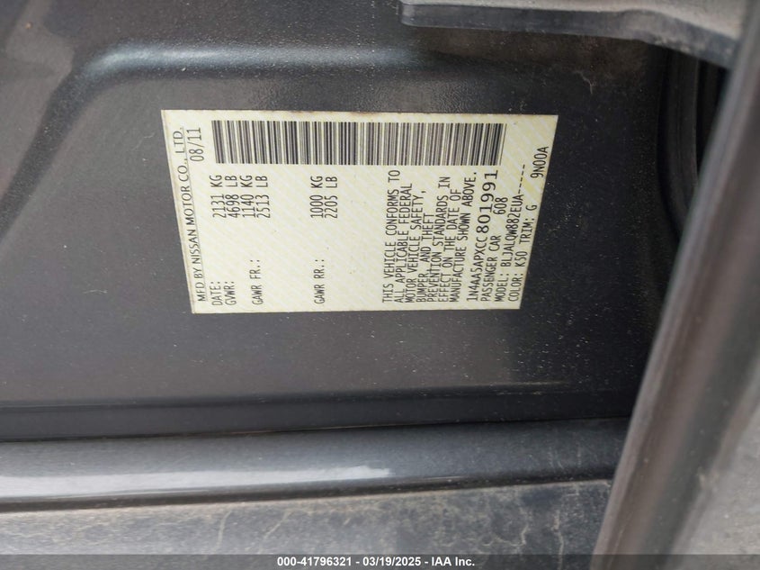 2012 NISSAN MAXIMA VIN: 1N4AA5APXCC801991
