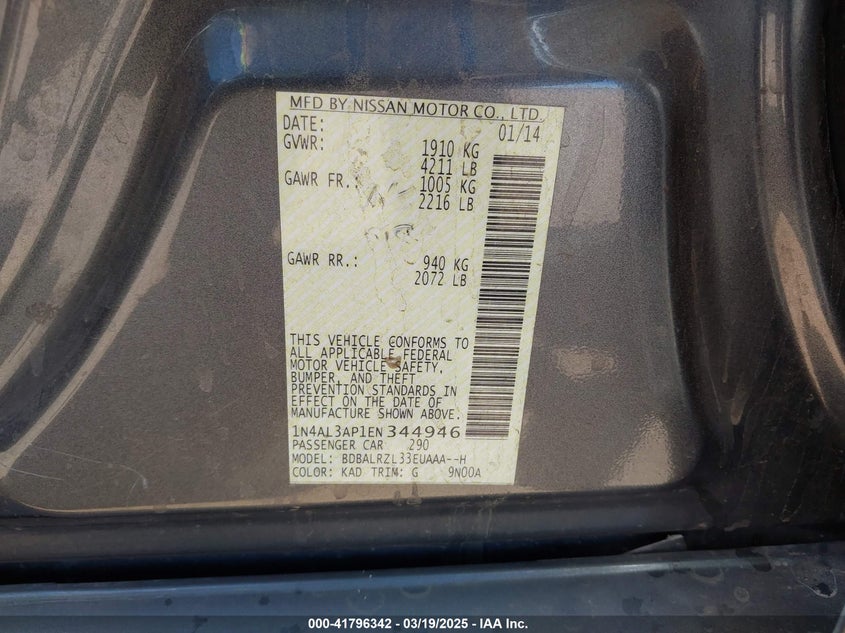 2014 NISSAN ALTIMA VIN: 1N4AL3AP1EN344946