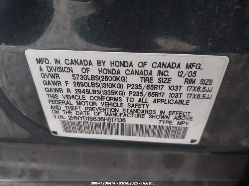 2006 ACURA MDX VIN: 2HNYD18836H517136