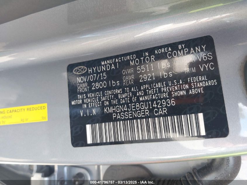 2016 Hyundai Genesis 3.8 VIN: KMHGN4JE8GU142936 Lot: 41796757