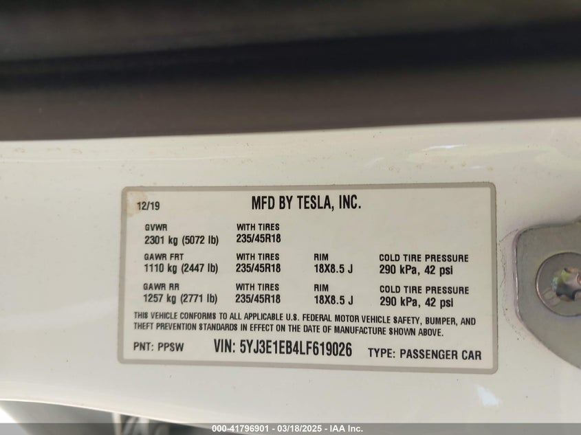 2020 TESLA MODEL 3 VIN: 5YJ3E1EB4LF619026