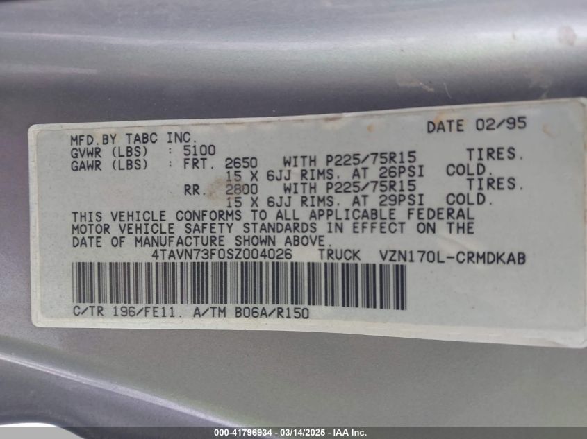 1995 Toyota Tacoma Xtracab VIN: 4TAVN73F0SZ004026 Lot: 41796934