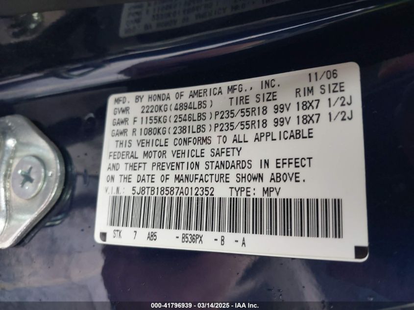 2007 Acura Rdx VIN: 5J8TB18587A012352 Lot: 41796939