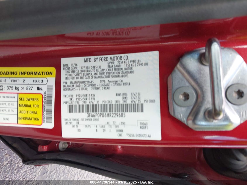 2017 FORD FUSION ENERGI VIN: 3FA6P0PU6HR229685