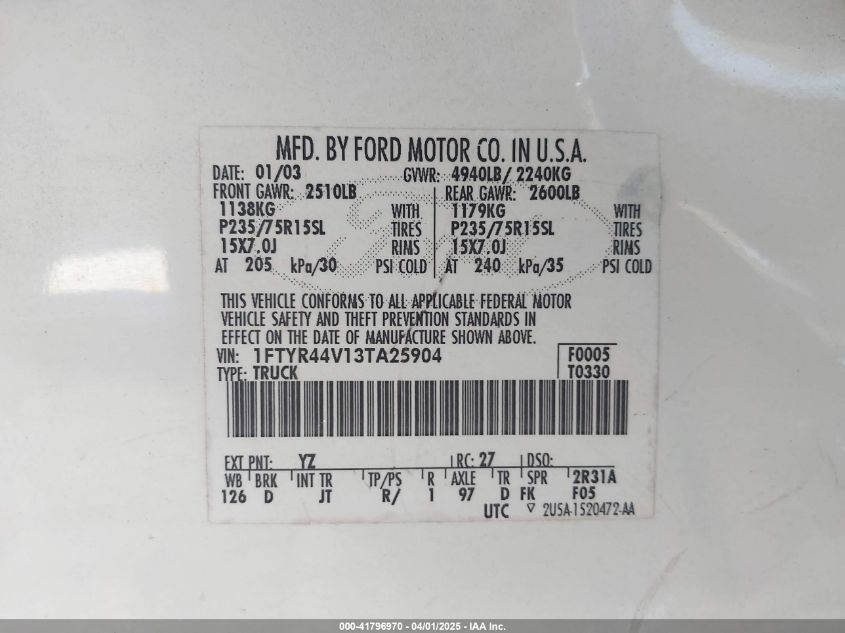 2003 Ford Ranger Edge/Tremor/Xlt VIN: 1FTYR44V13TA25904 Lot: 41796970