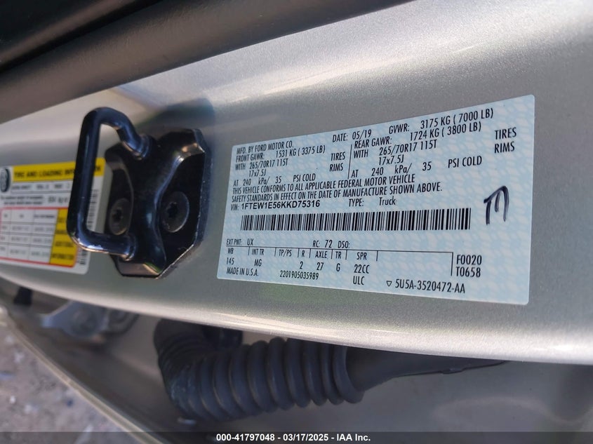 2019 FORD F-150 VIN: 1FTEW1E56KKD75316