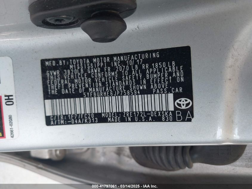 2018 Toyota Corolla Le VIN: 5YFBURHE6JP75859 Lot: 41797061