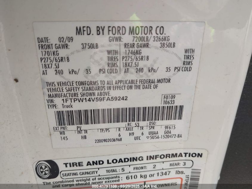 2009 Ford F-150 Lariat VIN: 1FTPW14V59FA59242 Lot: 41797108