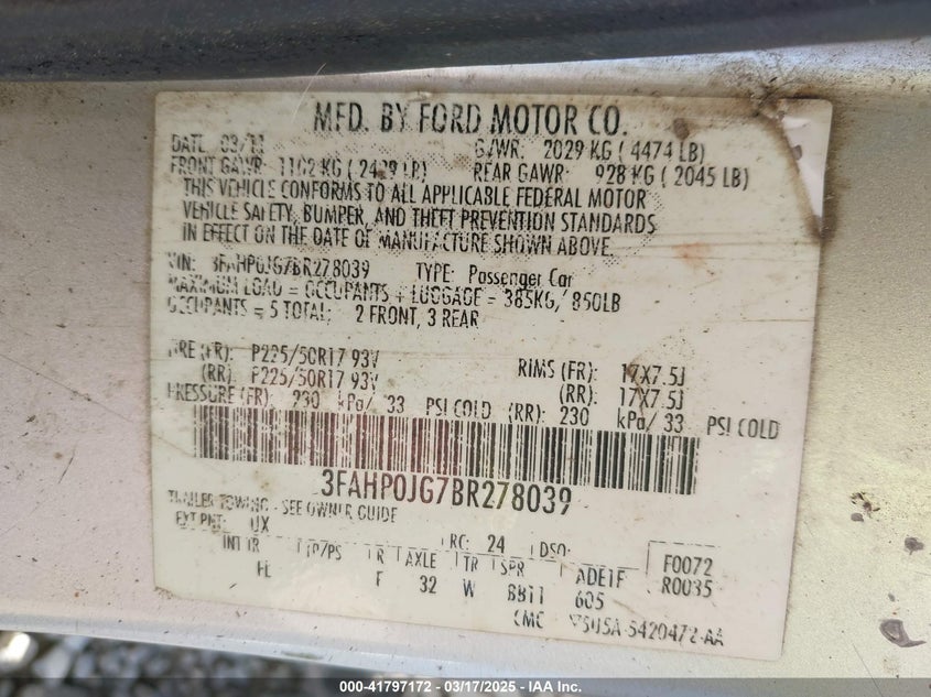 2011 FORD FUSION VIN: 3FAHP0JG7BR278039