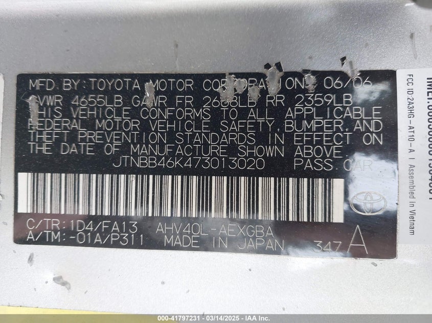 2007 TOYOTA CAMRY HYBRID VIN: JTNBB46K473013020