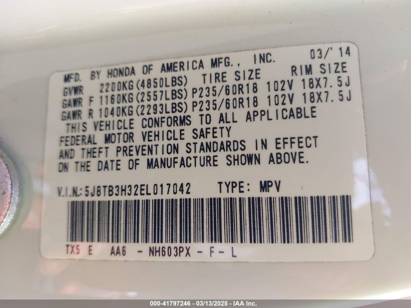2014 Acura Rdx VIN: 5J8TB3H32EL017042 Lot: 41797246