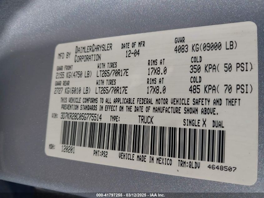 2005 Dodge Ram 2500 Slt/Laramie VIN: 3D7KR28C05G775514 Lot: 41797255