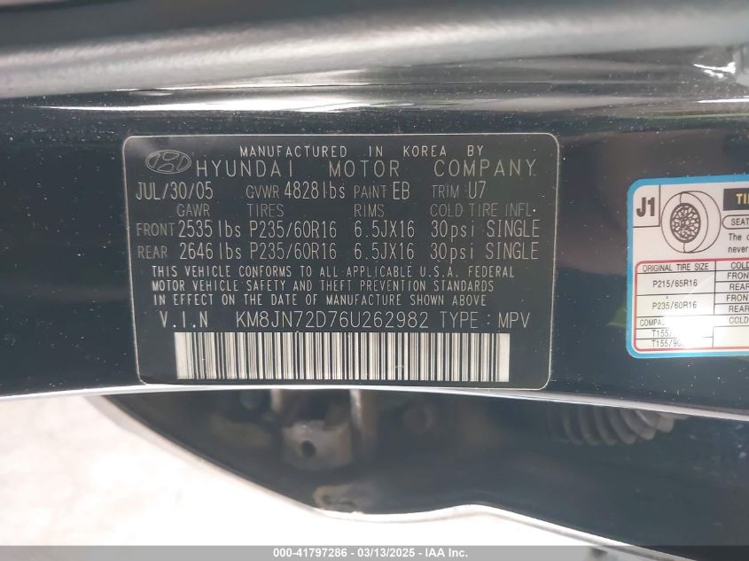 2006 Hyundai Tucson Gls/Limited VIN: KM8JN72D76U262982 Lot: 41797286