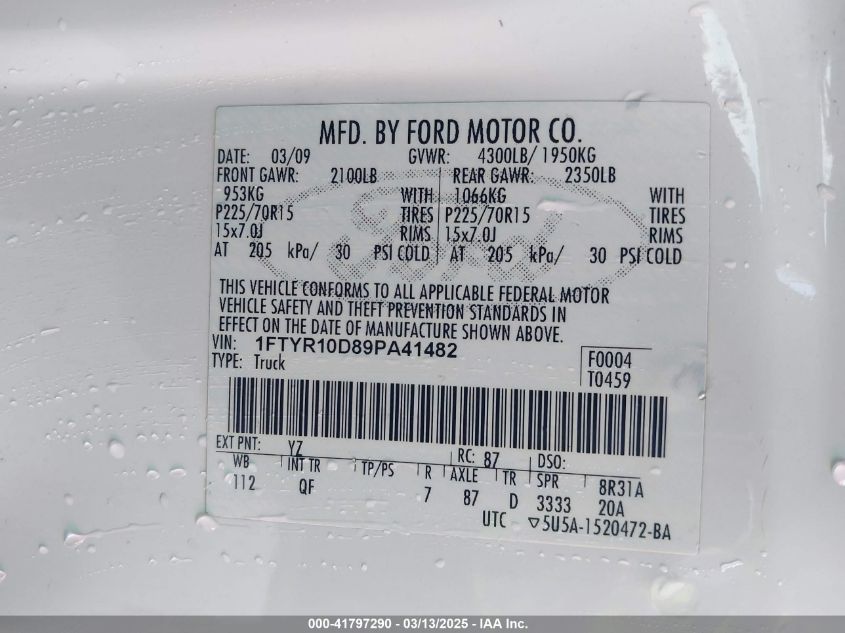 2009 Ford Ranger Sport/Xl/Xlt VIN: 1FTYR10D89PA41482 Lot: 41797290