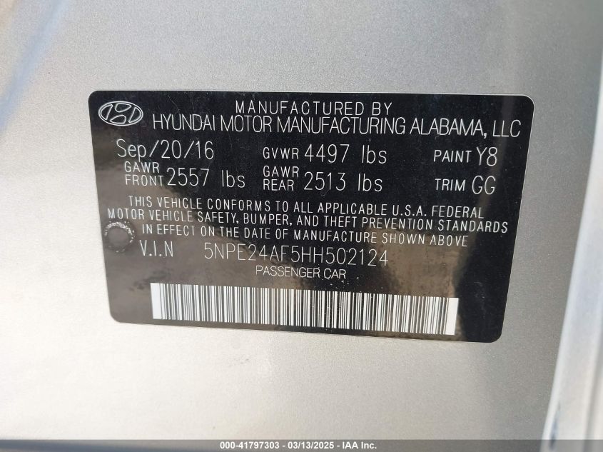 2017 Hyundai Sonata VIN: 5NPE24AF5HH502124 Lot: 41797303