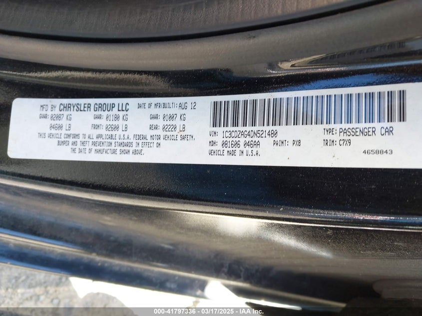 2013 DODGE AVENGER VIN: 1C3CDZAG4DN521480