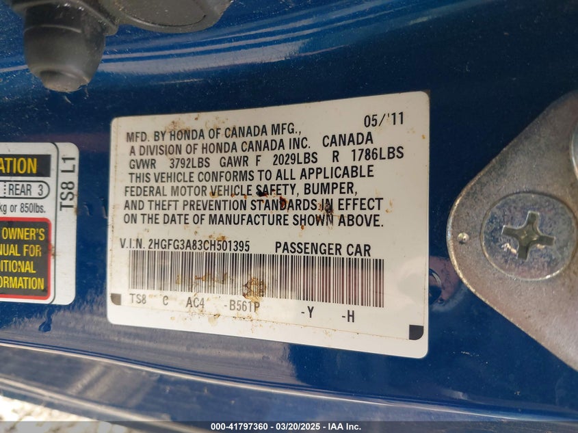 2012 HONDA CIVIC VIN: 2HGFG3A83CH501395