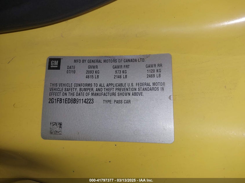 2011 CHEVROLET CAMARO VIN: 2G1FB1ED8B9114223