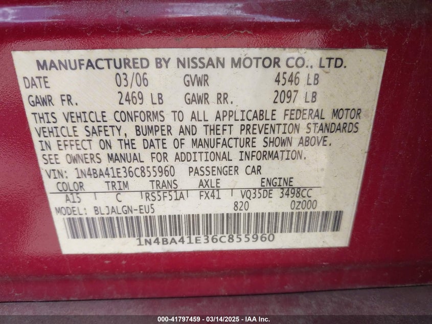 2006 Nissan Maxima 3.5 Sl VIN: 1N4BA41E36C855960 Lot: 41797459