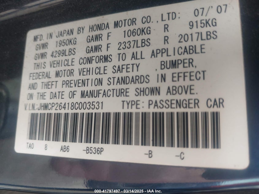 2008 HONDA ACCORD VIN: JHMCP26418C003531