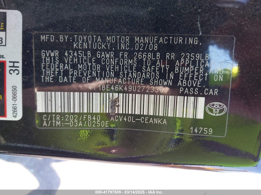 2009 TOYOTA CAMRY VIN: 4T1BE46K49U272336