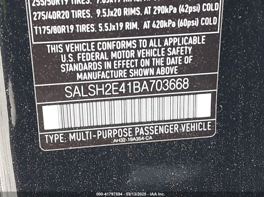 2011 Land Rover Range Rover Sport VIN: SALSH2E41BA703668 Lot: 41797594