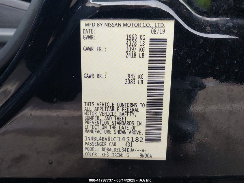 2020 NISSAN ALTIMA VIN: 1N4BL4BV8LC145182