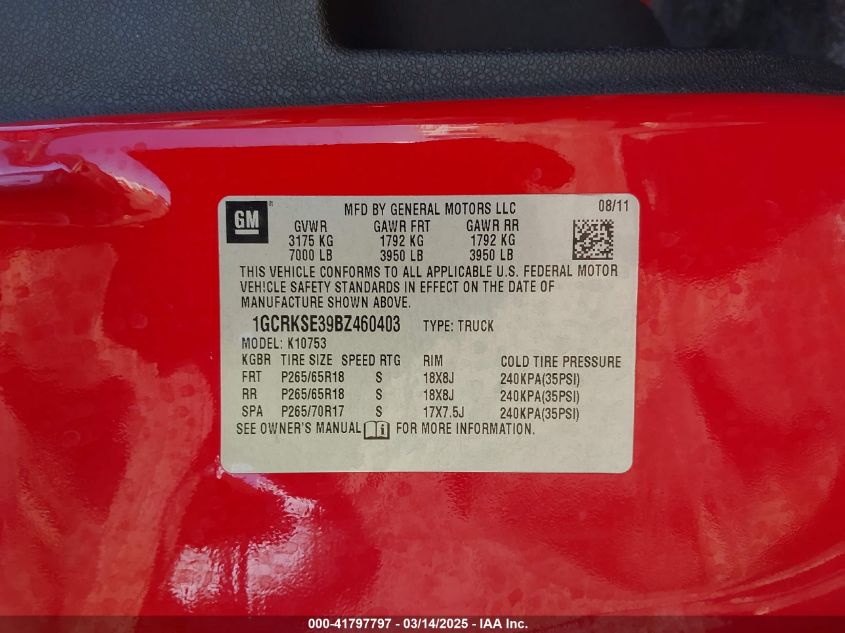 2011 Chevrolet Silverado 1500 Lt VIN: 1GCRKSE39BZ460403 Lot: 41797797