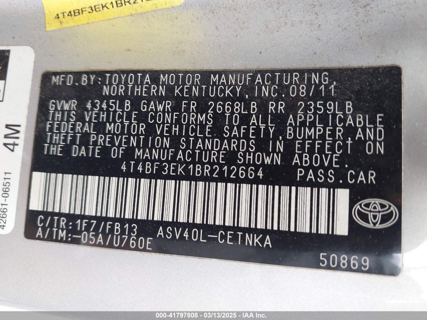 2011 TOYOTA CAMRY VIN: 4T4BF3EK1BR212664