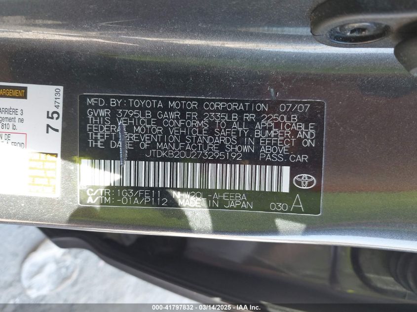 2007 Toyota Prius VIN: JTDKB20U273295192 Lot: 41797832