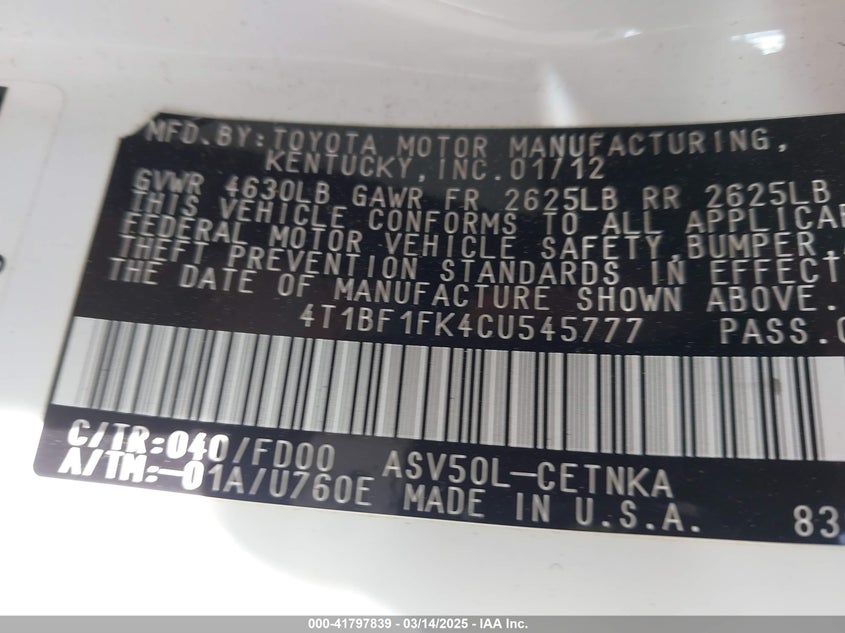 2012 TOYOTA CAMRY VIN: 4T1BF1FK4CU545777