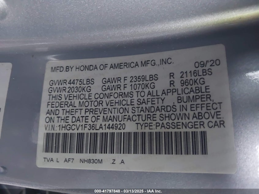 2020 HONDA ACCORD VIN: 1HGCV1F36LA144920