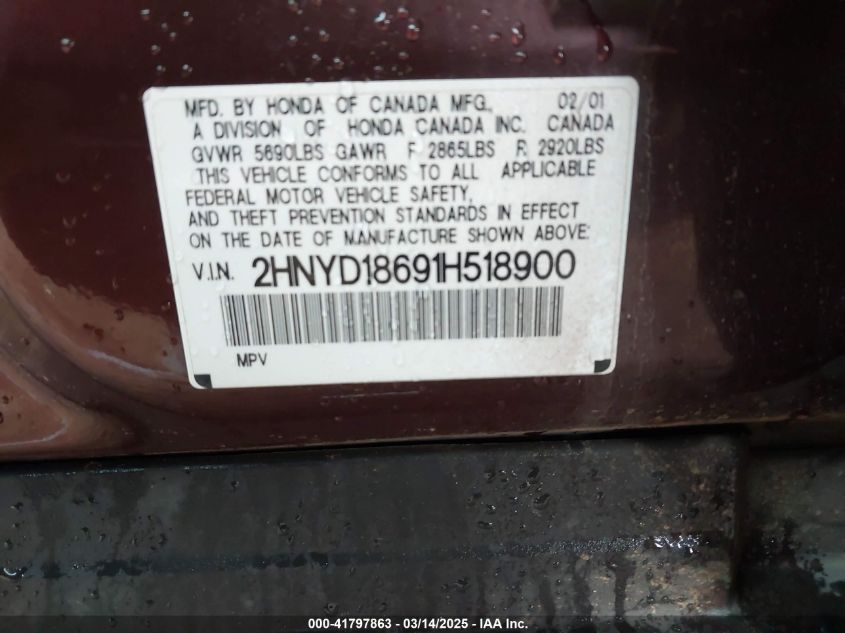 2001 Acura Mdx VIN: 2HNYD18691H518900 Lot: 41797863