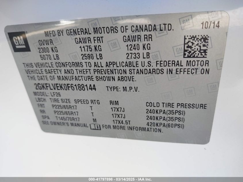 2015 GMC Terrain Sle-1 VIN: 2GKFLVEK0F6188144 Lot: 41797898