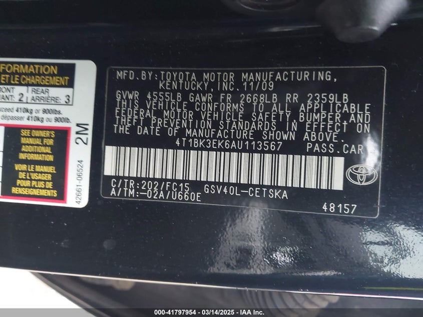 2010 TOYOTA CAMRY VIN: 4T1BK3EK6AU113567