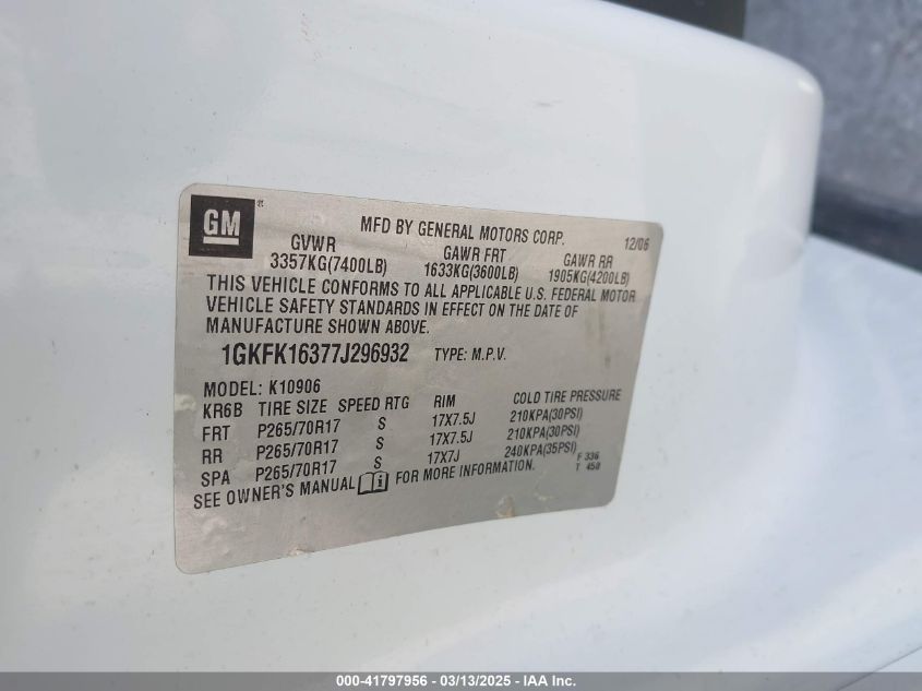 2007 GMC Yukon Xl 1500 Slt VIN: 1GKFK16377J296932 Lot: 41797956