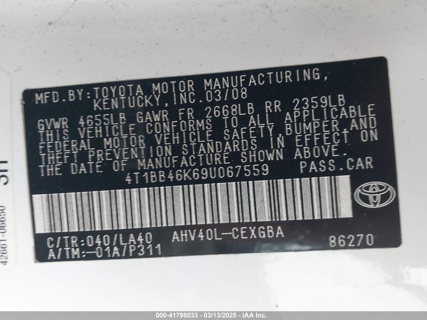 2009 TOYOTA CAMRY HYBRID VIN: 4T1BB46K69U067559