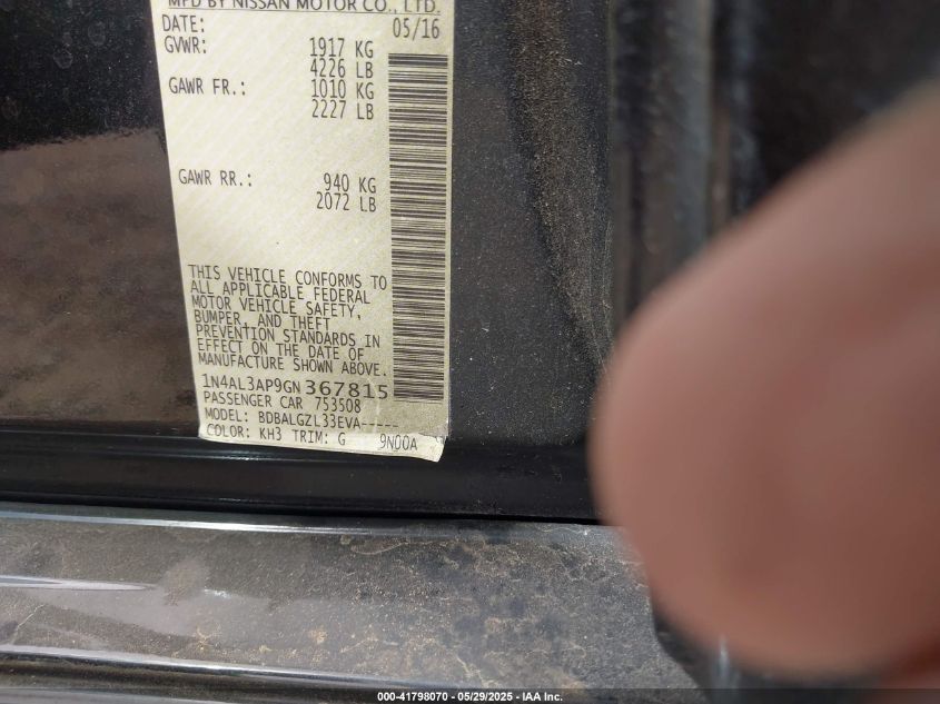 2016 Nissan Altima 2.5/2.5 S/2.5 Sl/2.5 Sr/2.5 Sv VIN: 1N4AL3AP9GN367815 Lot: 41798070