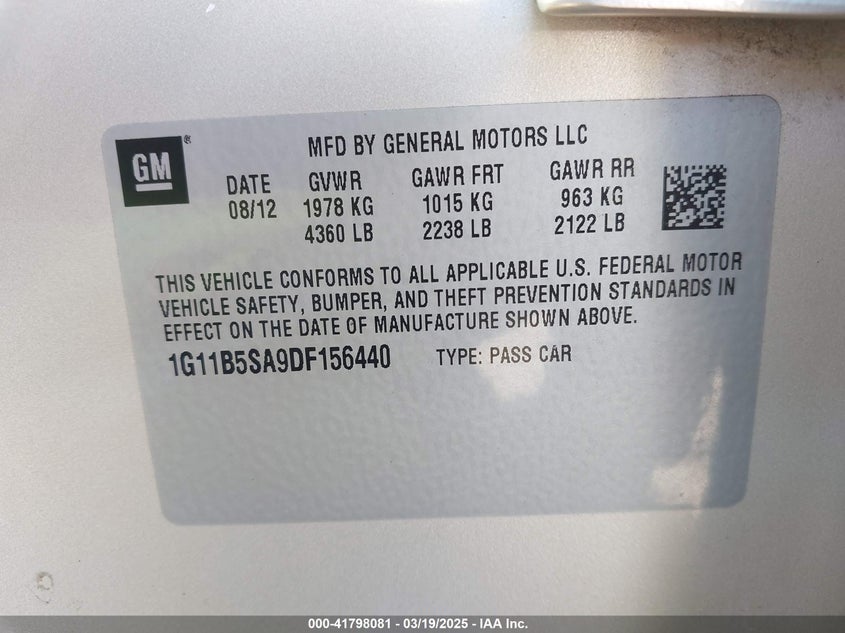 2013 CHEVROLET MALIBU VIN: 1G11B5SA9DF156440