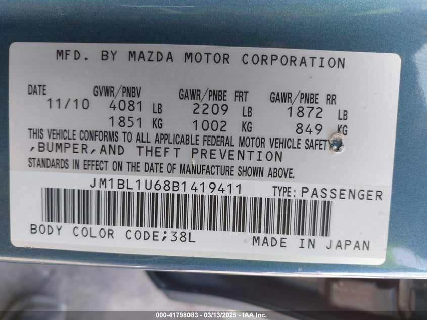 2011 MAZDA MAZDA3 VIN: JM1BL1U68B1419411