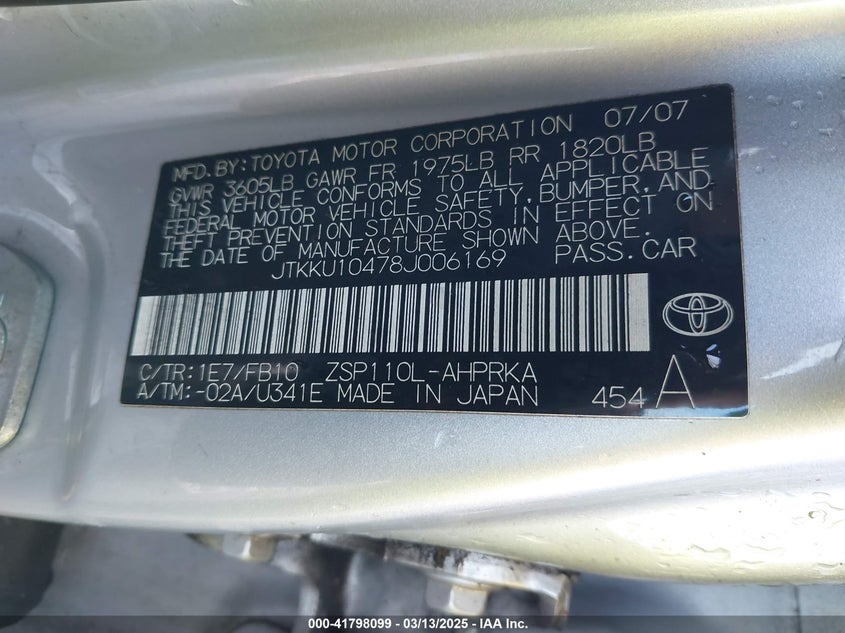 2008 SCION XD VIN: JTKKU10478J006169