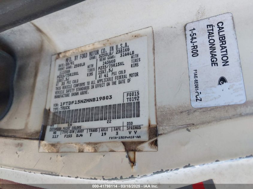1991 Ford F150 VIN: 1FTDF15N2MNB19803 Lot: 41798114