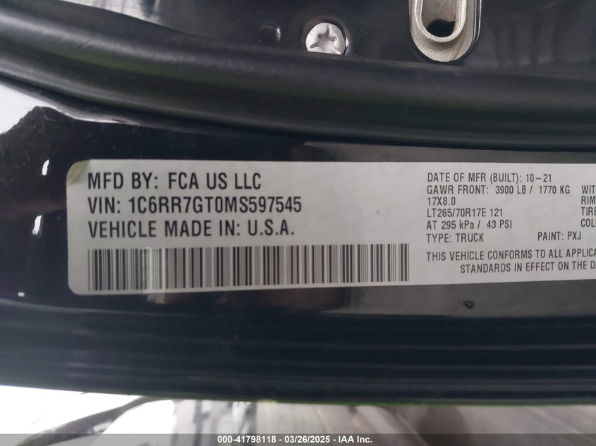 2021 RAM 1500 CLASSIC VIN: 1C6RR7GT0MS597545