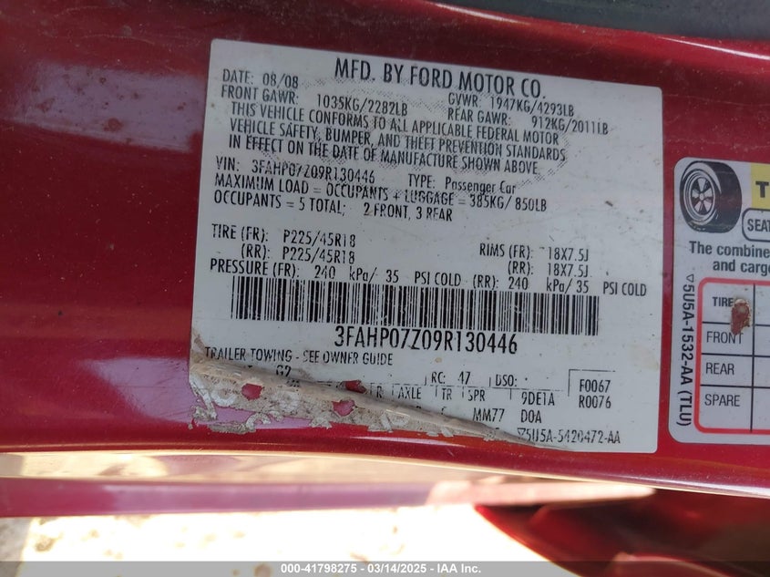 2009 FORD FUSION VIN: 3FAHP07Z09R130446
