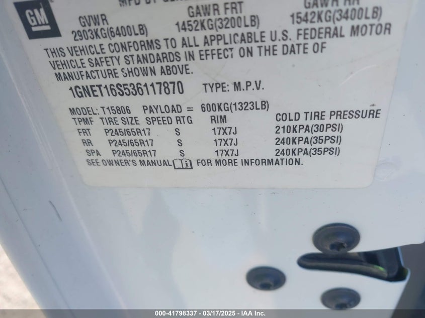 2003 Chevrolet Trailblazer Ext Lt VIN: 1GNET16S536117870 Lot: 41798337