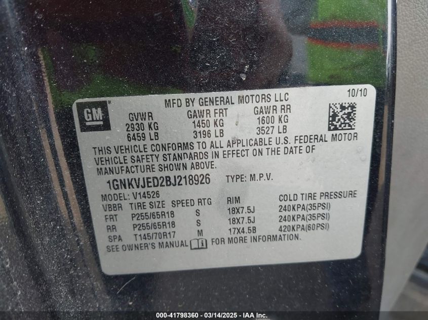 2011 Chevrolet Traverse 2Lt VIN: 1GNKVJED2BJ218926 Lot: 41798360